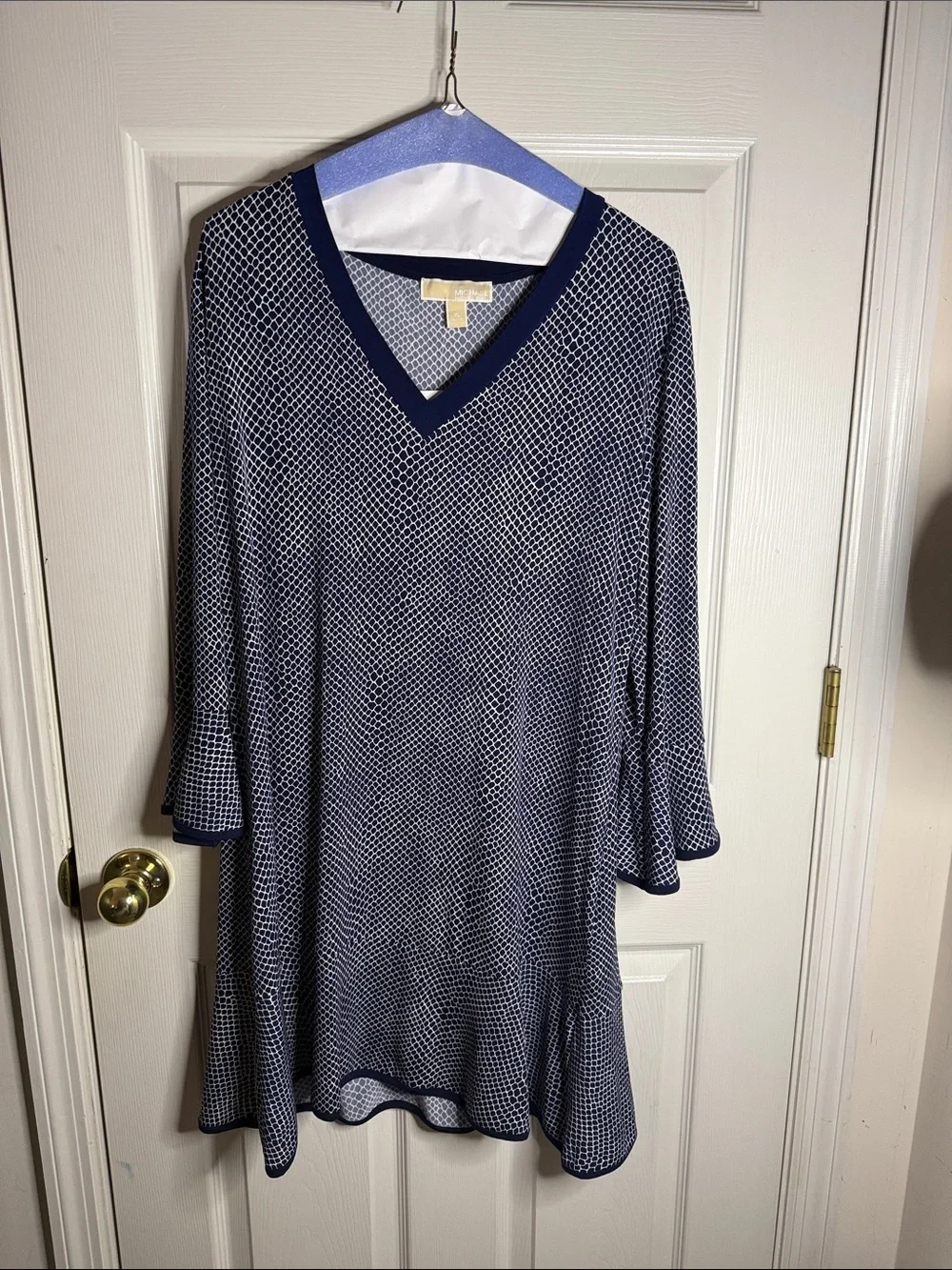 Michael Kors Navy and White Patterned V-Neck Long Sleeve Dress